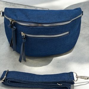 Sac banane en tissu jeans denim bleu foncé 2 poches