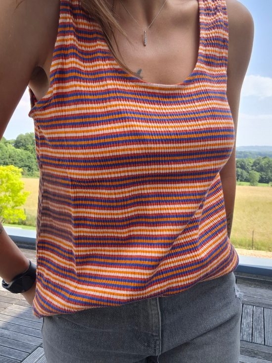 Débardeur à rayures brun/jaune upcyclé en coton/lin