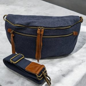 Sac banane en jute bleu denim 2 poches doubles curseurs