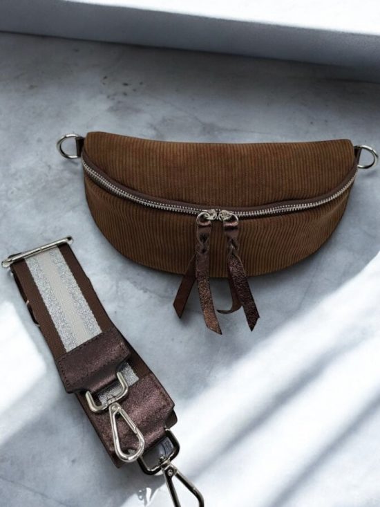 Sac banane en velours côtelé camel doubles curseurs en cuir