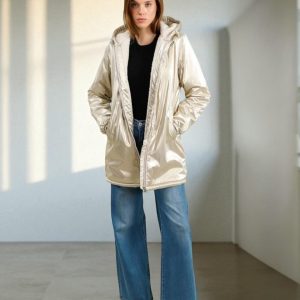 Laura Jo - Imperméable fourré long fausse fourrure doré intérieur sherpa beige