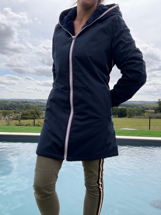 New Lolo - Manteau long bleu marine réversible imperméable fourré fausse fourrure