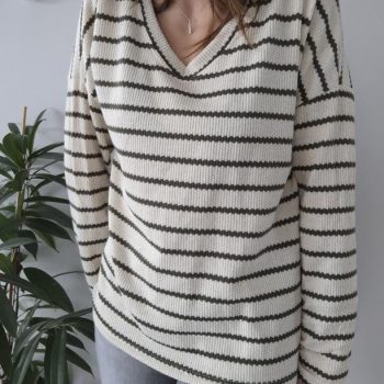 Pullover maille écru rayé kaki à manches longues taille unique