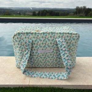 Sac week-end polochon en coton matelassé liberty fleuri bleu turquoise et touches orange