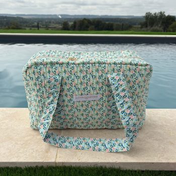 Sac week-end polochon en coton matelassé liberty fleuri bleu turquoise et touches orange