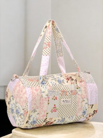 Sac polochon week end de voyage en tissu coton patchwork multicolore fleuri bleu clair orange – Image 11