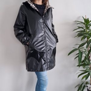 Attrait Paris - Manteau long sans ouate imperméable noir réversible avec motif léopard avec capuche