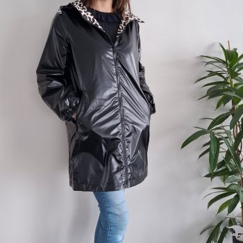 Attrait Paris - Manteau long sans ouate imperméable noir réversible avec motif léopard avec capuche