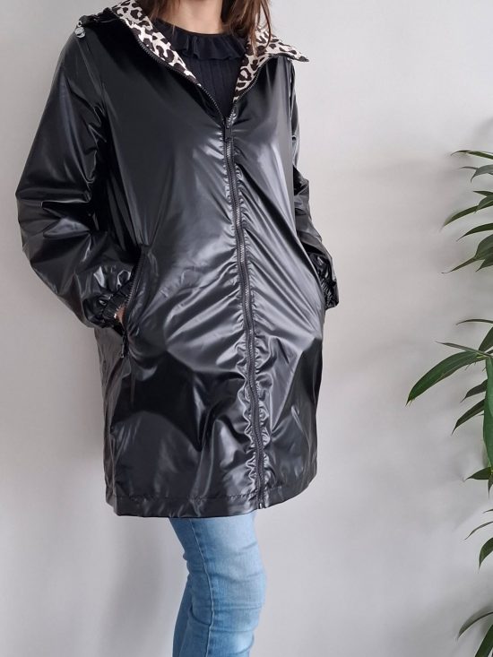 Attrait Paris - Manteau long sans ouate imperméable noir réversible avec motif léopard avec capuche