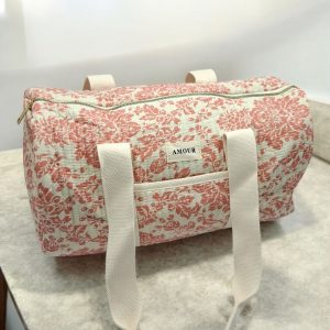 Sac polochon blanc en coton liberty fleuri corail