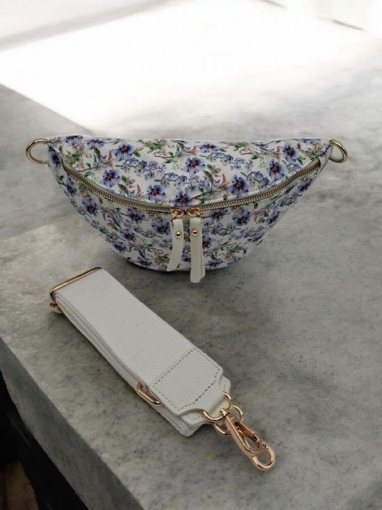 Sac banane en tissu coton liberty blanc à motif floral à tons bleus