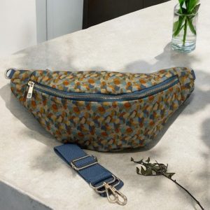 Sac banane coton épais velours fin bleu et jaune