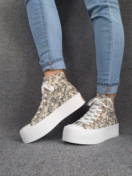 Chaussures baskets hautes en tissu toile beige toile de jouy noir semelles compensées