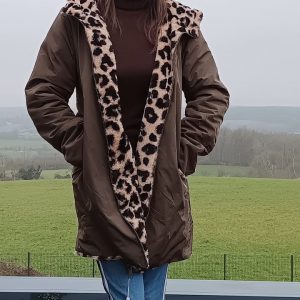 Melya Melody - Manteau long cuisses fourré réversible imperméable kaki marron léopard