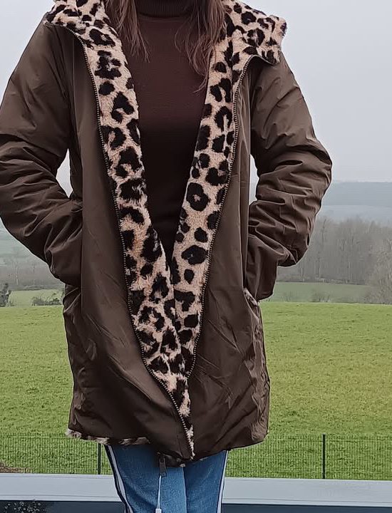 Melya Melody - Manteau long cuisses fourré réversible imperméable kaki marron léopard