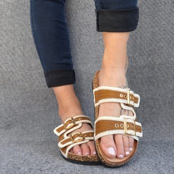 Chaussures sandales type birk 2 brides tissu bicolore camel et beige