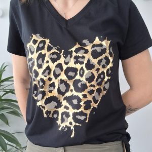 T-shirt noir en coton à motif coeur léopard
