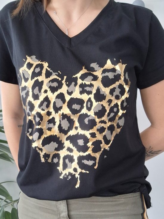 T-shirt noir en coton à motif coeur léopard