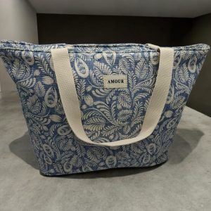 Sac cabas porté épaule coton imprimé toile de jouy feuilles bleues creme