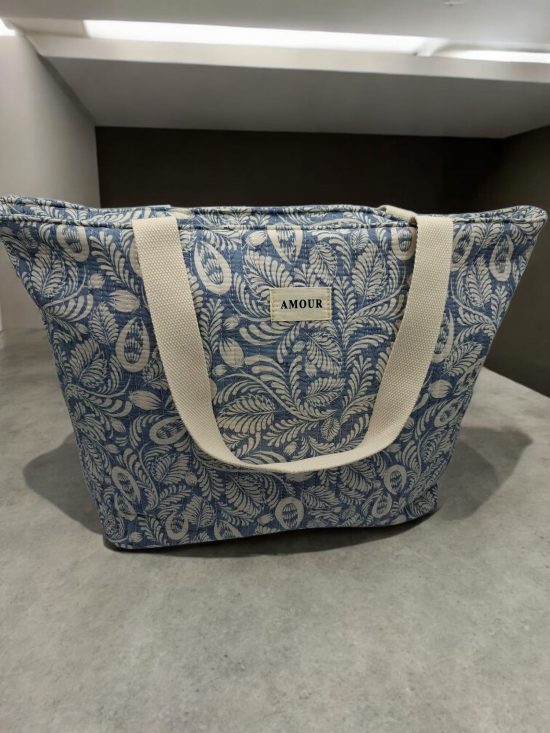 Sac cabas porté épaule coton imprimé toile de jouy feuilles bleues creme