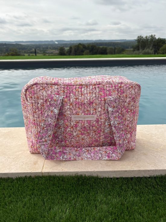 Sac week-end polochon en coton matelassé rose liberty fleuri rose et taupe