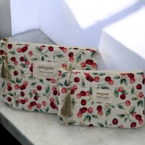 Trousse et pochette en coton motifs cerises rouges et roses