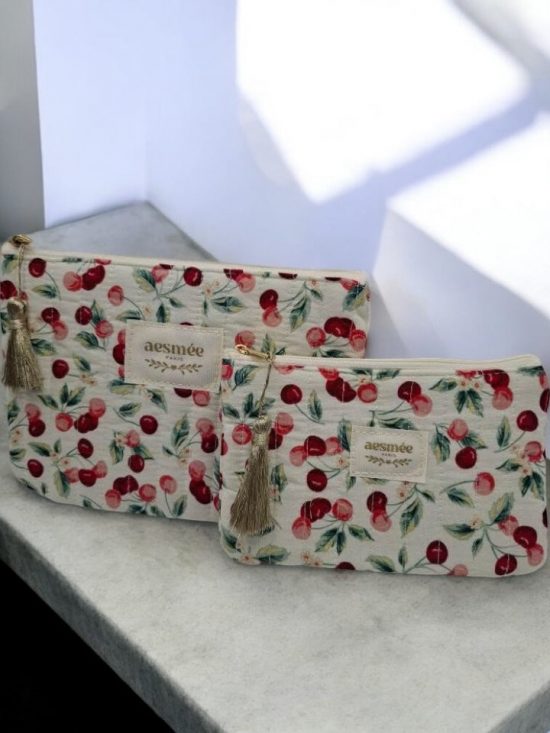 Trousse et pochette en coton motifs cerises rouges et roses