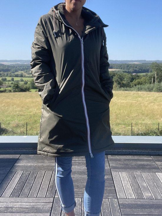 Laura Jo - Imperméable long doublé en fausse fourrure cordon tricolore couleur kaki