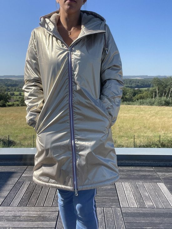 Laura Jo - Imperméable long doublé en fausse fourrure cordon tricolore couleur doré