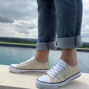Chaussures baskets basses en toile effet serpent doré style converse