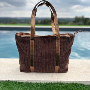 Sac à main style cabas porté main en tissu velours cotelé marron avec anses et bandes dorées