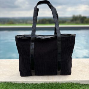 Sac à main style cabas porté main en tissu velours cotelé noir avec anses et bandes noires
