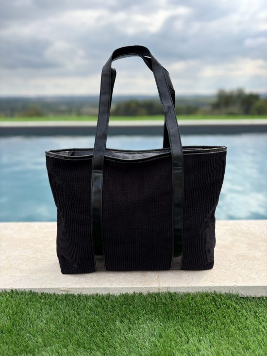 Sac à main style cabas porté main en tissu velours cotelé noir avec anses et bandes noires