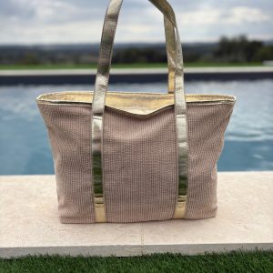 Sac à main style cabas porté main en tissu velours cotelé beige avec anses et bandes dorées