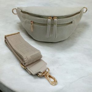 Sac banane velours côtelé 2 poches beige clair sangle fantaisie