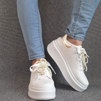 Chaussures baskets basses semelle compensée simili blanc et doré style sneakers
