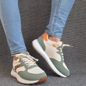 Chaussures baskets basses vert d'eau tendance avec détails léopard style sneakers