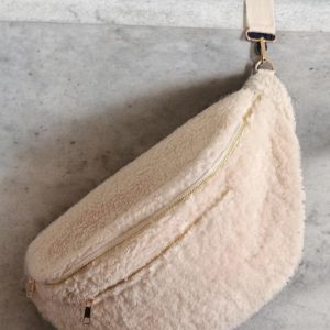 Sac banane XXL tissu toucher peluche deux poches Ecru