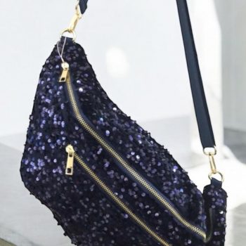 Sac banane XXL tissu velours bleu marine à sequins bleu marine deux poches