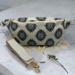 Sac Banane XL Bandoulière textile style Bohème noir et beige