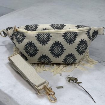 Sac Banane XL Bandoulière textile style Bohème noir et beige