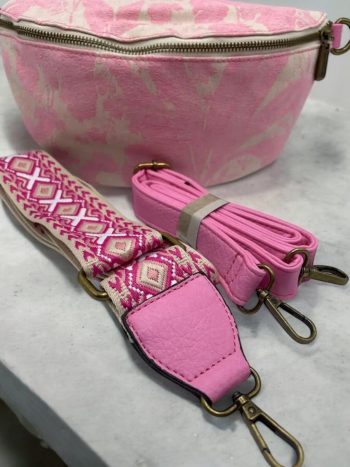 Sac banane tissu style toile de jouy rose creme - 2 sangles – Image 2