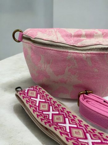 Sac banane tissu style toile de jouy rose creme - 2 sangles – Image 3