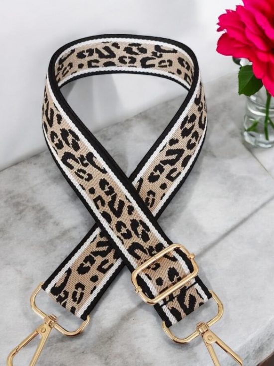 Bandoulière sangle large léopard beige noir mousquetons dorés