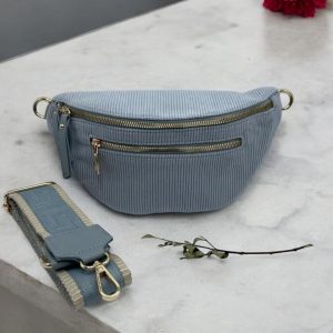 Sac banane velours côtelé 2 poches bleu clair sangle fantaisie
