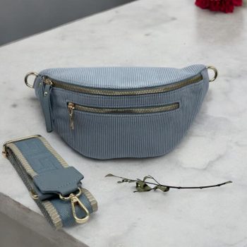 Sac banane velours côtelé 2 poches bleu clair sangle fantaisie