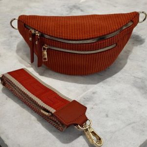 Sac banane velours côtelé 2 poches brique terracotta sangle fantaisie
