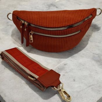 Sac banane velours côtelé 2 poches brique terracotta sangle fantaisie