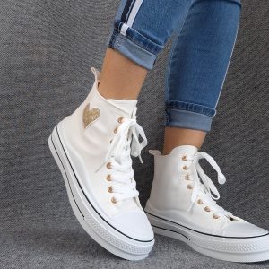 Chaussures baskets hautes blanche avec motif coeur doré style converse