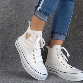 Chaussures baskets hautes blanche avec motif coeur doré style converse